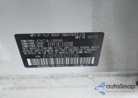 2012 Subaru Impreza Wrx Limited z USA, uszkodzony, nr VIN JF1GR7E69CG227165